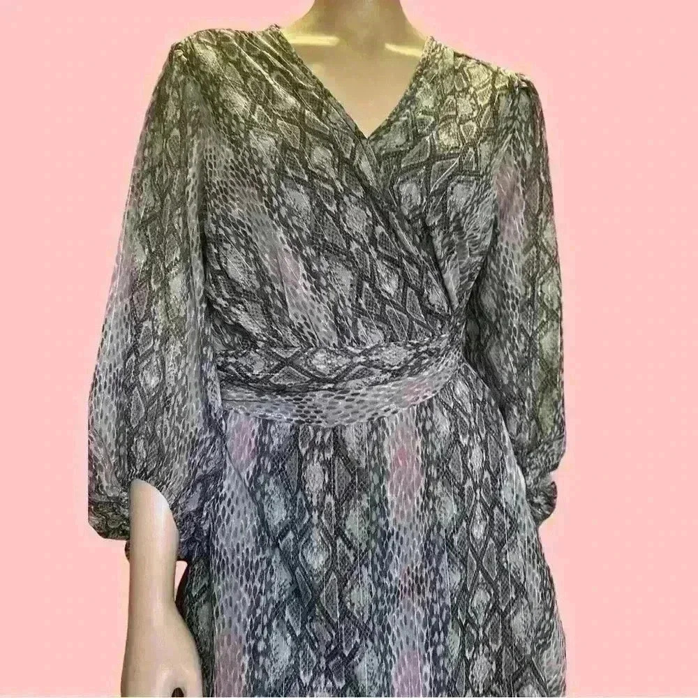 NWT CATO J/M printed wrap midi wild winter stony gray dress size L